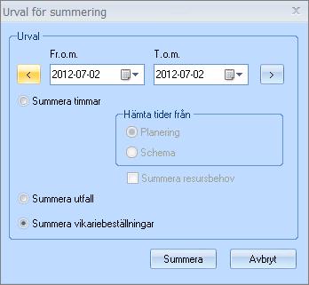 Exempel utskrift Vikariebeställningar kan även summeras under funktionen Summera