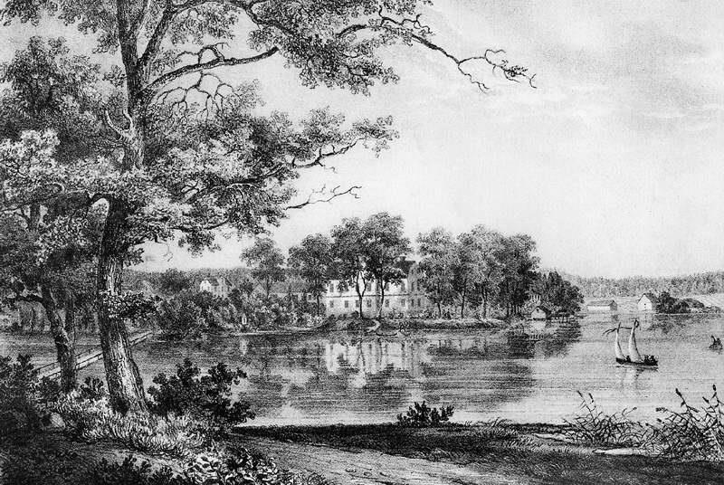 Lissma gårds huvudbyggnad, litografi av O.J. Hagelstam, 1830-tal. Bildkälla: Wikipedia.