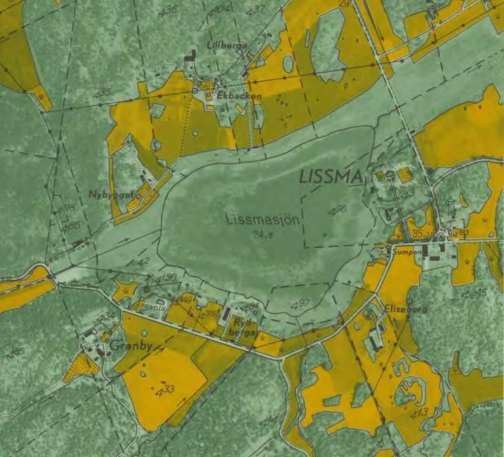V259 Tvärförbindelse Södertörn TSK01 Framtagande av Vägplan Utredning, Lissma skola - antikvarisk utredning Kulturmiljö Ekonomiska kartan från 1951 över Lissmaområdet.