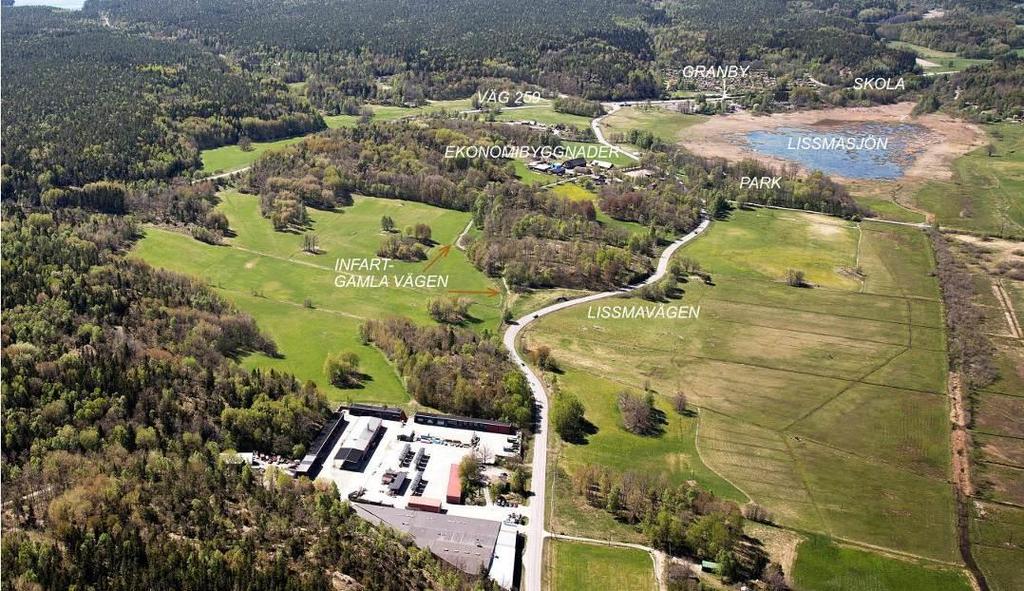 V259 Tvärförbindelse Södertörn TSK01 Framtagande av Vägplan Utredning, Lissma skola - antikvarisk utredning Kulturmiljö Flygfoto över Lissmadalen med utpekade platser.