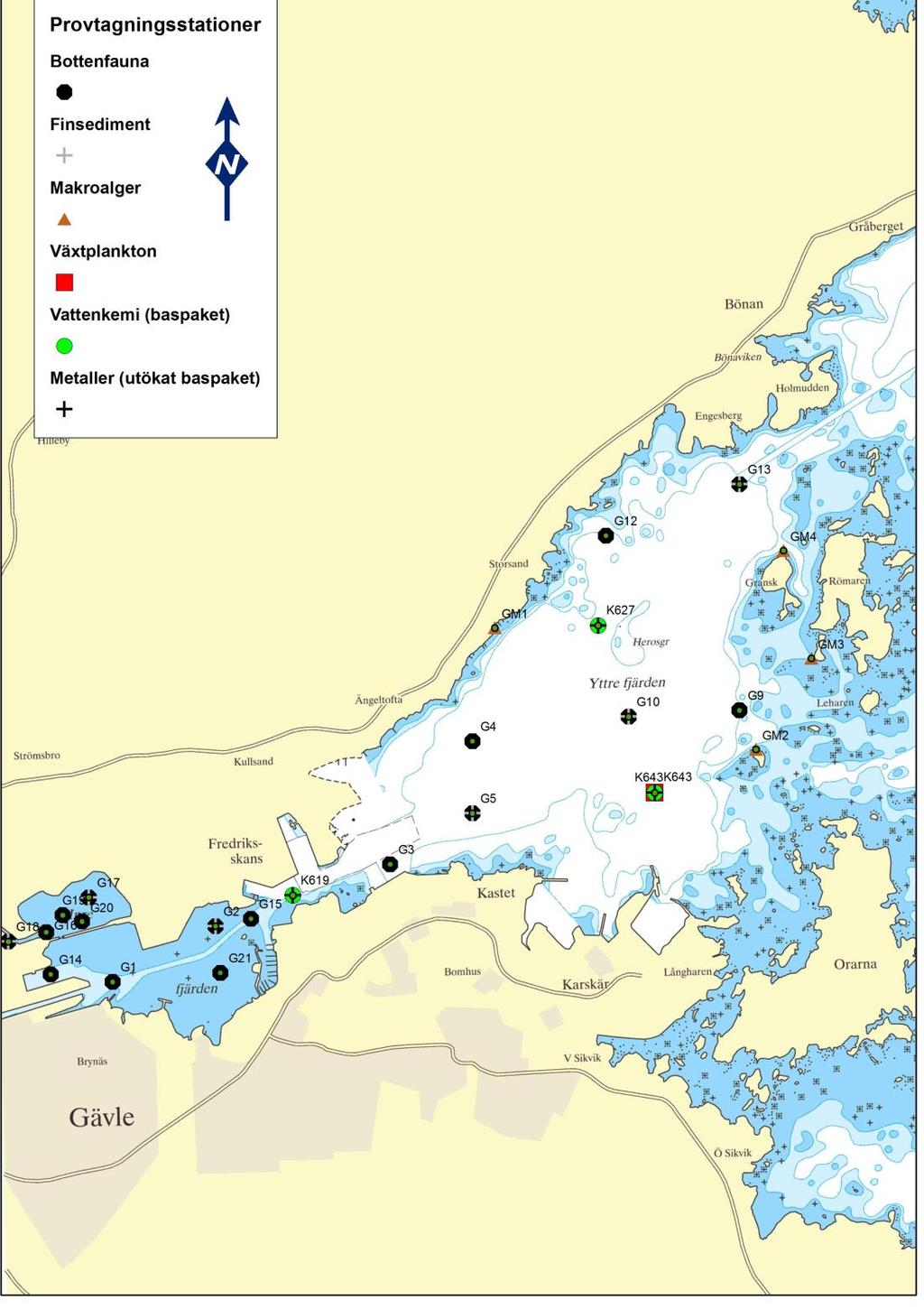 Figur 2. Station och provtagningstyp i Gävle Fjärdar. Under år 2014 utfördes alla provtagningstyper utom bottenfauna och finsediment.