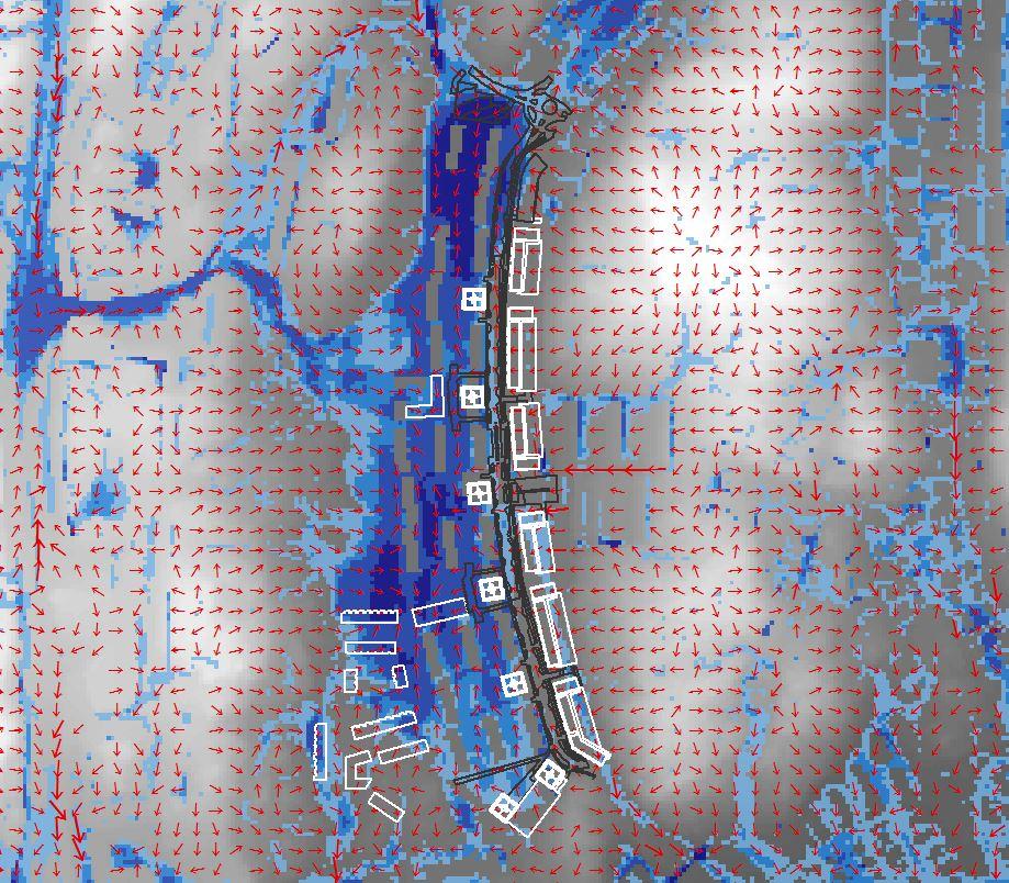 PM 8(8) Figur 4 Planbild som visar maximalt vattendjup vid ett klimatanpassat 500-årsregn i blå färgskala. Med svarta linjer visas de nya Långströmsgatan.
