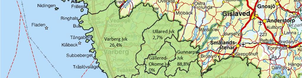 jaktvårdskretsarna i Hallands län varierar mellan 0-89 %. Täckningsgraden för hela länet ligger på 19,3 %.