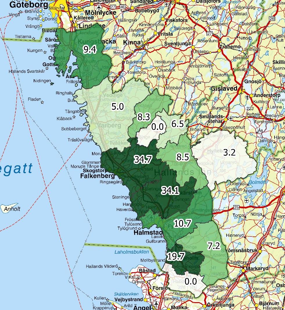 Figur. Avskjutning av vildsvin (djur/1000 ha) i Hallands län 2017/ 2018. Källa: Svenska Jägareförbundet viltövervakning.