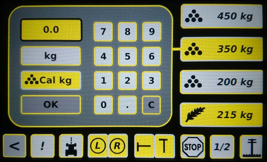 1 2 Bild 58. Inställningsmenyn för såmängder Tangenten kg uppe till vänster (symbol 1.) har aktiverats och blivit gul.