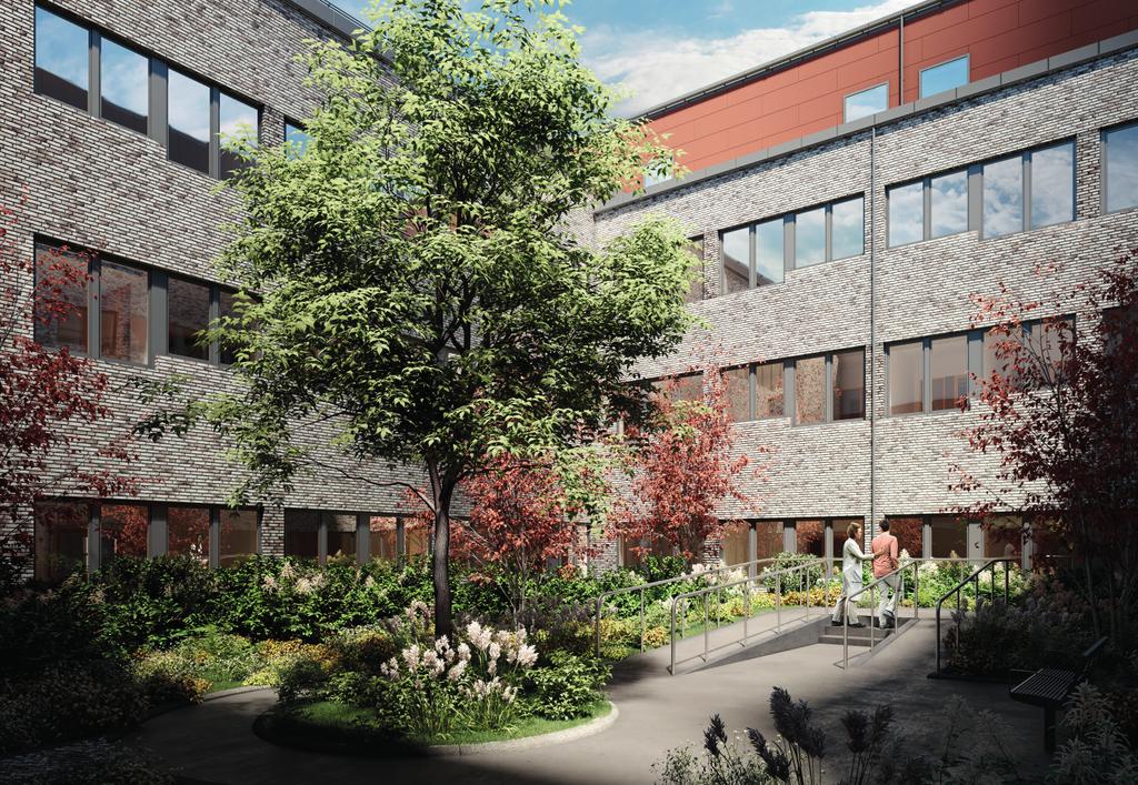 illustration: liljewall arkitekter Hållbart inne och ute Medvetna materialval Yttre miljö ska gynna läkande Hållbarheten är en viktig aspekt i nybyggnaden av etapp D1.