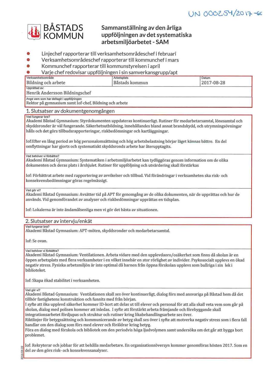 ITT] BÅSTADS ~ KOMMUN Sammanställning av den årliga ppföljningen av det systematiska arbetsmiljöarbetet - SAM Linjechef rapporterar till verksamhetsområdeschef i febrari Verksamhetsområdeschef