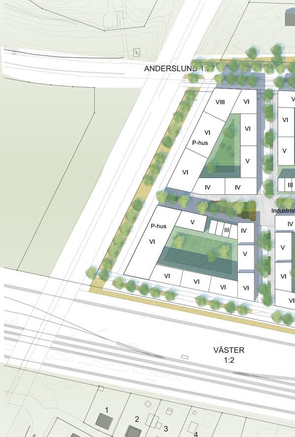 E4 Figur 4 - Föreslagen situationsplan som visar byggnation längs E4:an. Avståndet är 25 meter mellan byggnader och E4:an.
