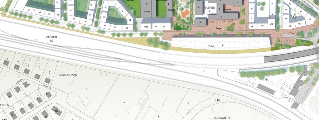 TGOJbanan Resecentrum Skola/Förskola Figur 3- Föreslagen situationsplan som visar byggnation längs järnvägen. Avstånd mellan närmaste spår på Nyköpingsbanan och bostadshus är 25 m.