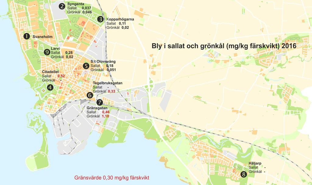 2(12) Sammanfattning av årets grönsaksundersökning Den högsta blyhalten i sallat 2016 uppmättes vid provplats Citadellet som är en av provpunkterna som ligger närmst industriområdet.