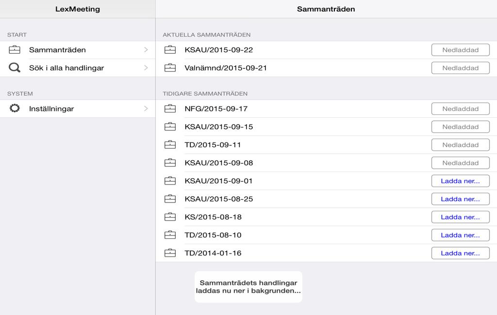 Efter att du tryckt på Ladda ner så kommer en liten ruta med information om att sammanträdets handlingar håller på att