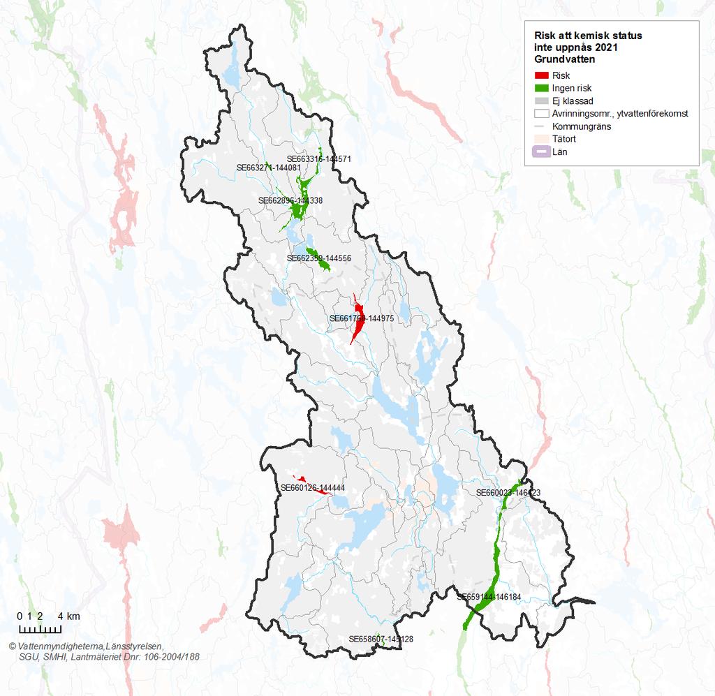 Figur 5. Grundvattenförekomster i risk att inte uppnå god kemisk status.