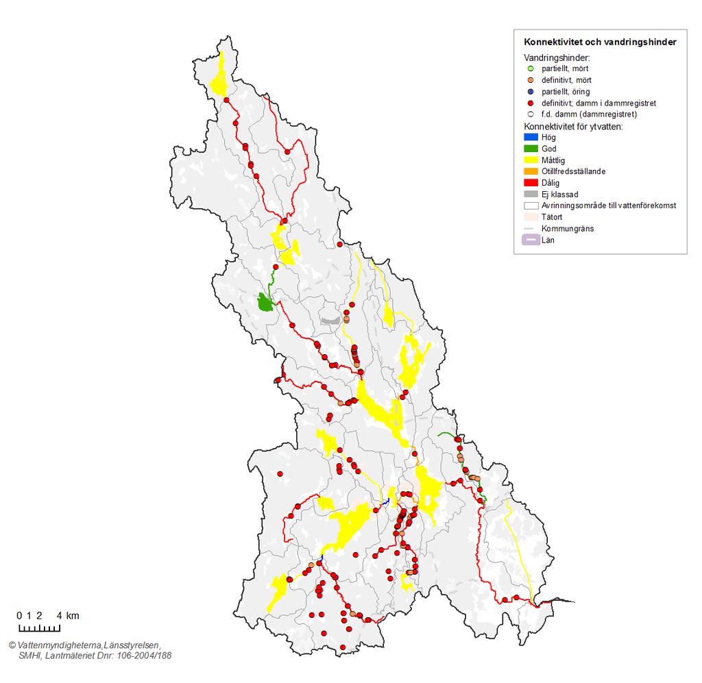 Figur 11. Status avseende konnektivitet i sjöar och vattendrag. Med vandringshinder avses dammar, trummor, fiskgaller och naturliga hinder.