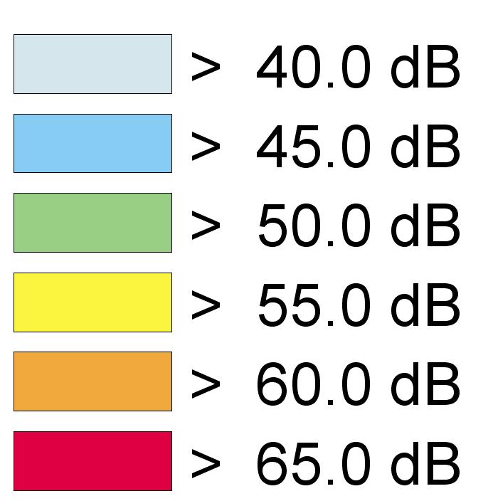 Gul färg motsvarar en maximal ljudnivå som överskrider dba och sker detta mellan kl -0 så är det ett överskridande av kraven enligt Naturvårdsverkets riktlinjer för externt industribuller vid ett