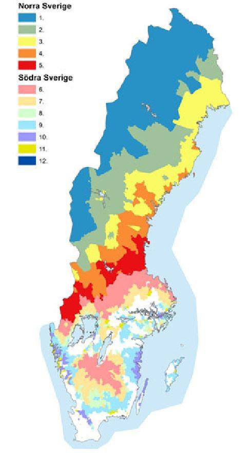 I studien indelas Sverige i fem jordbruksområden med skilda förutsättningar (Norr om 62:a breddgraden motsvarar stödområdena 1-5) A Skogsbygder norr om 62:a breddgraden (Norra Sverige 1-5) B