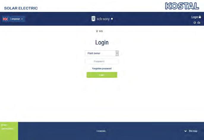 0. W ebservern Webserver Startskärm Bild : Webserver Startskärm 0 Val av språk Namn på växelriktaren Statusmeddelande för växelriktaren Inloggning/utloggning på W ebserver Statusmeddelanden