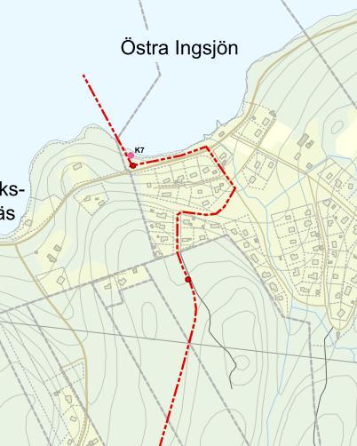 Figur 8. Fornlämning längs ledningsdragningen, K7. Inga fasta fornlämningar påverkas av ledningen. 7 Planerade åtgärder inom vattenområden V46 bäck Bäck korsas genom schaktning.