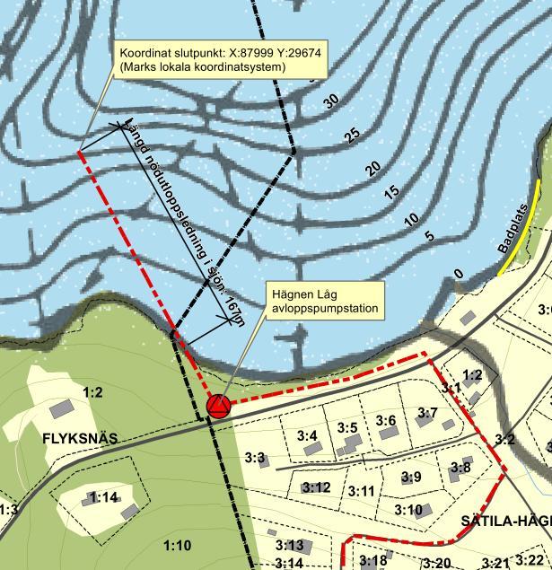 Figur 3. Detaljbild på placeringen av pumpstationen och nödbräddsledningen. 4.