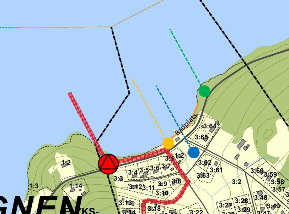 I figuren nedan redovisas alternativa placeringar av pumpstationen och nödbräddsledningen. Figur 5. Alternativa placeringar av pumpstationen och nödbräddsledningen.