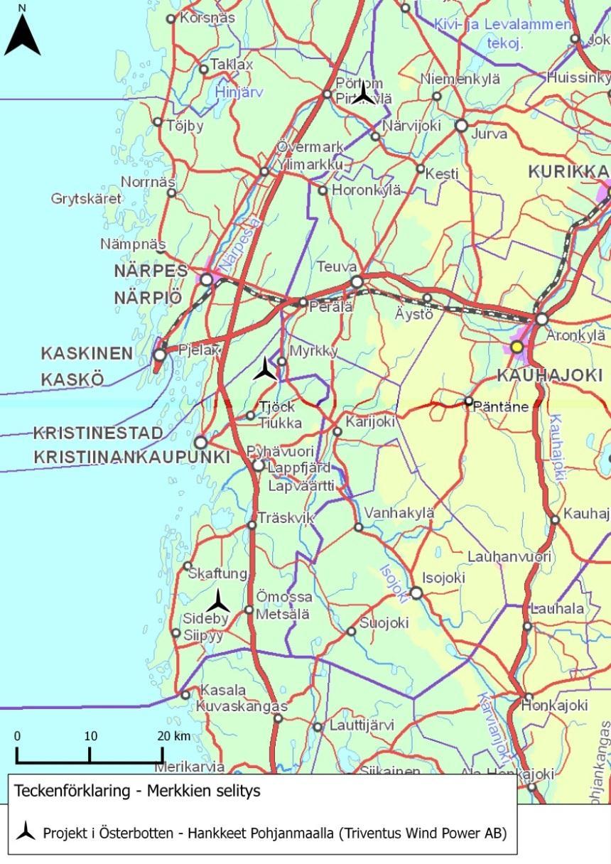 säljs eller behålls i egen ägo. Triventus Wind Power AB driver tre projekt i Österbotten:, Västervik och Pörtom. Projektens läge visas i kartan nedan.