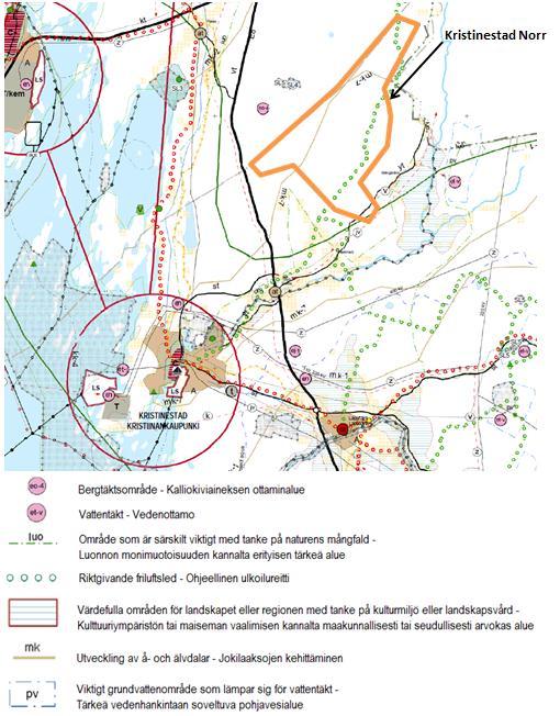 Figur 12. Utsnitt av landskapsplan med preliminär områdesavgränsning för vindkraftprojekt. Genom projektområdet går en riktgivande friluftsled.