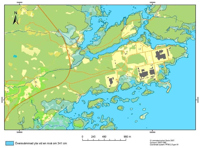 Kortvariga, extrema havsnivåer innebär främst ett problem genom att de kan ge upphov till översvämningar av kustnära områden. För 100-årsperioden 2050 2150 redovisar /Brydsten et al.