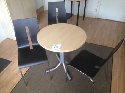 Fikabord med centrumstativ+3st stolar med svart