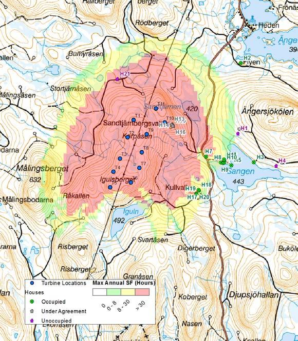 Skuggberäkning för Sandtjärnberget Observera att av de 21 identifierade husen är H1, H4 och H21 obeboeliga. H13, H14, H15 och H16 har väntande köpavtal och tas inte heller med i beräkningen.