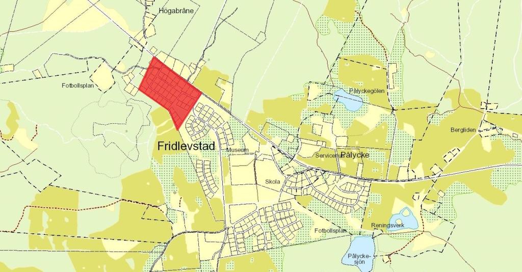 Områdesbeskrivning Läge och areal Planområdet är ca 6,5 hektar stort och innefattar ett villaområde i de västra delarna av Fridlevstad. Bild 1.