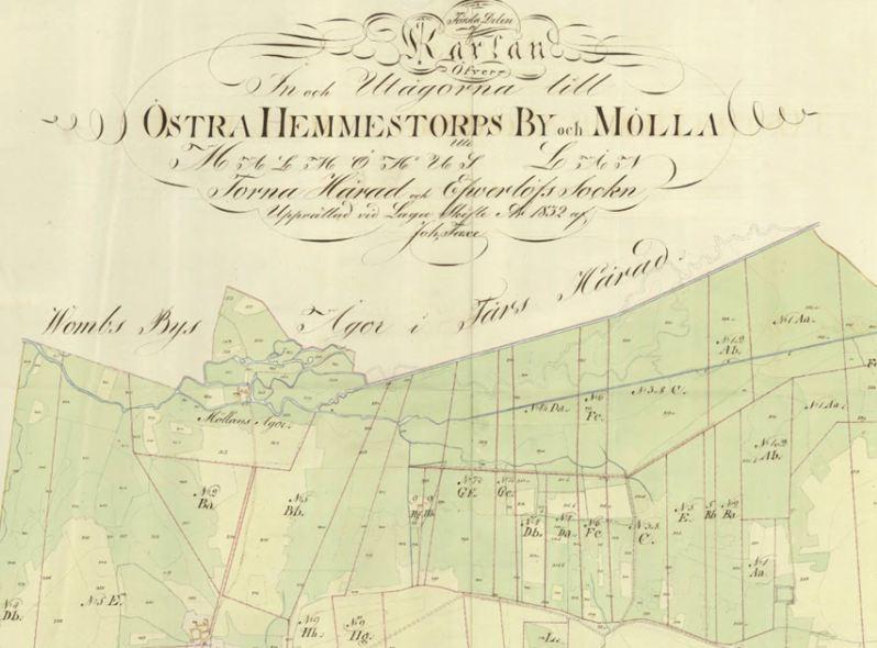 Figur 3. På Lagaskifteskartan från 1832 kan man se att Klingavälsån har rätats. Men kan se åns gamla meandrande lopp inritad svagt, dold under den nya sträckningen.