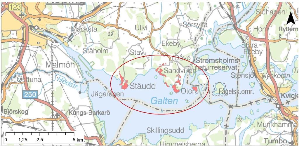 Figur 1. Aktuellt område, norra mälarstranden, som planeras anslutas till kommunalt vatten- och avlopp via sjöledning.