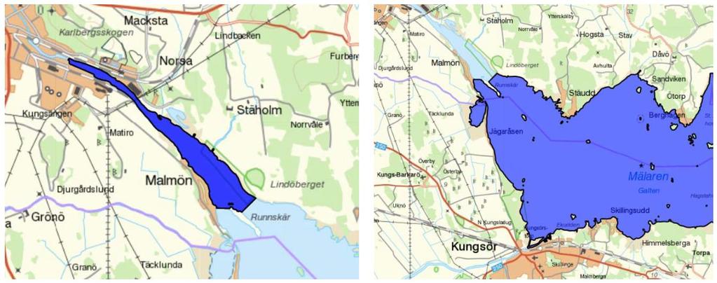 Figur 8 och 9. Utbredning av de två vattenförekomsterna Mälaren-Köpingsviken till vänster samt Mälaren-Galten till höger (Structor Miljöteknik, 2016).