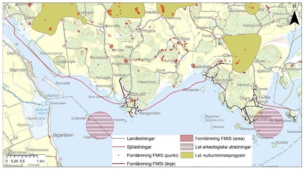 Figur 14. Fornlämningar, övriga kulturhistoriska lämningar i m.m. samt rörligt friluftsliv i området kring planerad VA-utbyggnad till norra mälarstranden. Ledningssträckan visas som blå linje.