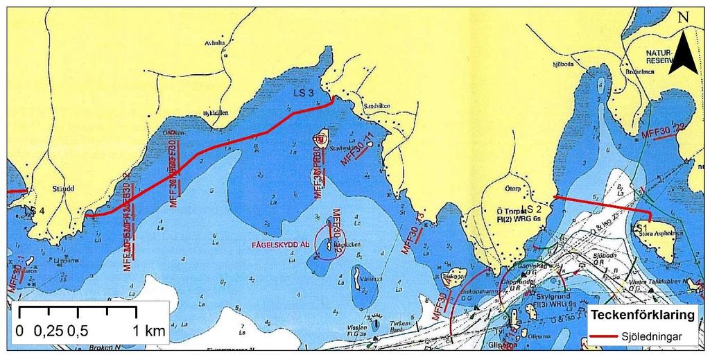 Figur 17. De röda streckade linjerna visar var det finns fasta fiskeredskap i Galtens norra delar. 7.7.2 Miljökonsekvenser Sjöfart Sjöledningarna kommer att ligga som minst ca 50 meter från farleden.