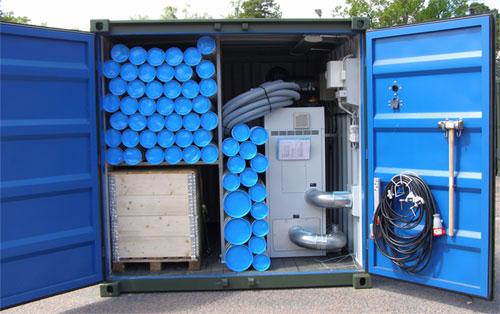 för 35 objekt. Containern används som väderskydd för avfuktaren som är komplett installerad och klar för anslutning av 35 objekt.