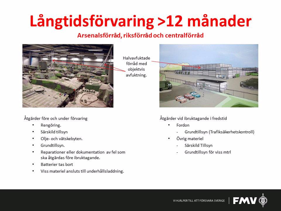 FÖRSVARETS MATERIELVERK Handbok för produktion av materielvårdsscheman enligt Vårdsystem FM 2018-11-13 Sida 45 Åtgärder före förvaring - Lossa handbromsen. - Ta bort batterier.
