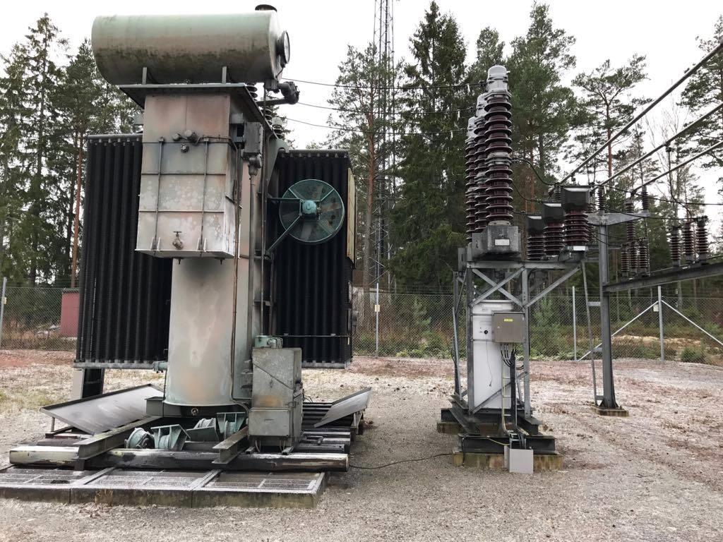 Figur 2.5, Visar en strömtransformator till höger i bild där den sitter på ett stativ i direkt anslutning till ett högspänningsskåp placerat under strömtransformatorn.