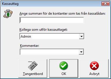 3.16. Avbryt ett kvitto 1. Välj Avbryt från övre menyn 2. Från dialogrutan som visas välj Kassera. 3.17. Parkera ett kvitto 1. Välj Parkera från övre menyn. 2. Hämta upp kvittot igen genom att välja Parkerade från övre menyn.
