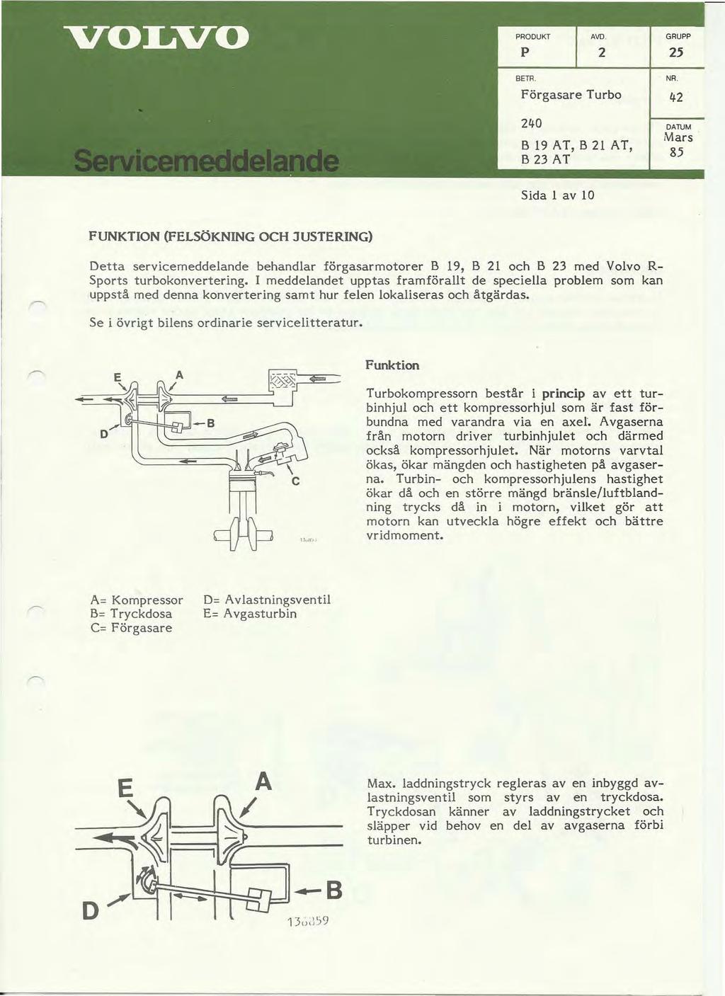 p 2 BETR. Förgasare Turbo 240 B19AT,B2lAT, B 23 AT 25 NR.