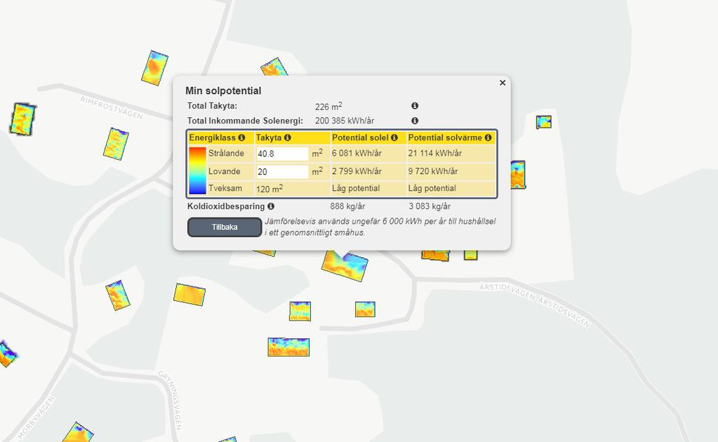 liknande. En lista över de solkartor som finns att tillgå finns här: http://www.svensksolenergi.se/att-installera-solenergi/solkartor. Figur 3: Exempel på hur solkartan ser ut.