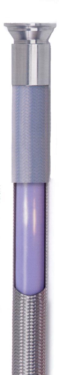 Saniflex APFOSJ-W Slät PTFE med rostfri stålvävsarmering och silikongummihölje DB0792 060208 Saniflex APFOSJ-W fluorpolymerslang har en slät PTFE kärna med utanpåliggande syrafast stålvävsarmering