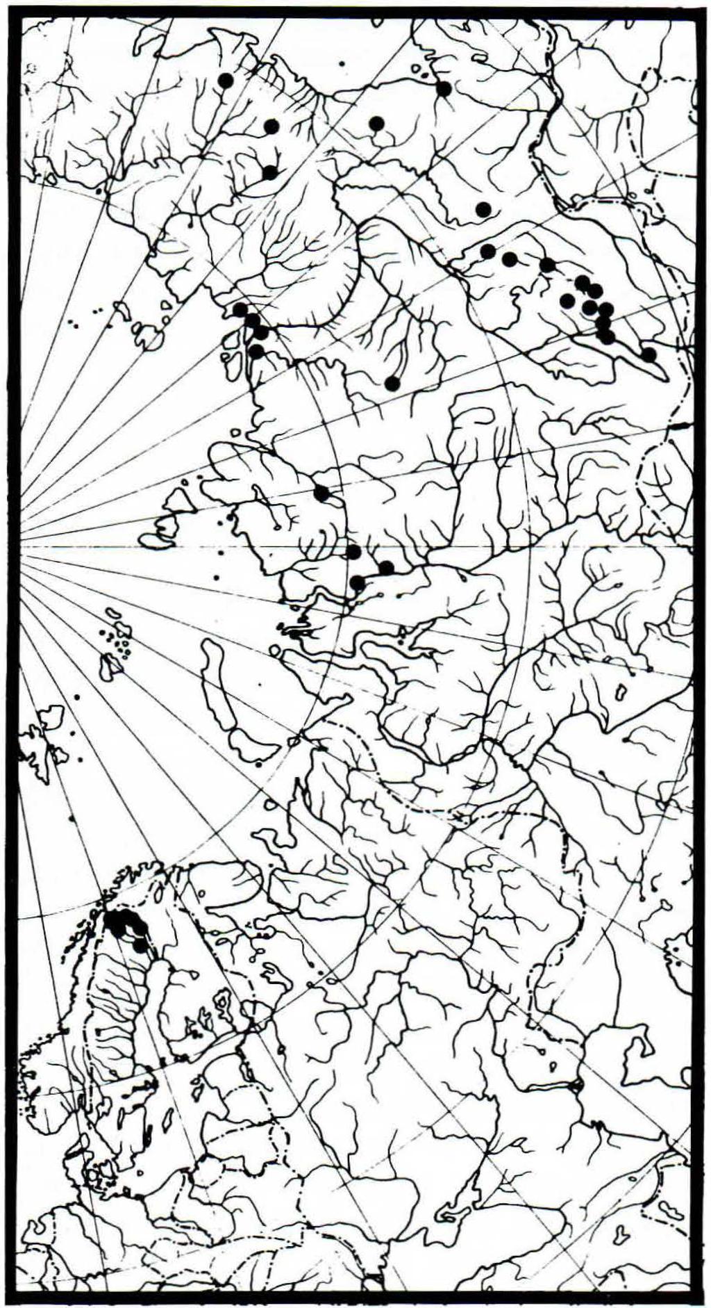 200 Örjan Nilsson och Lars-Äke Gustafsson SVENSK BOT. TIDSKR. 72 (1978) Fig 3. Totalutbredningen av venhavre, Trisetum subalpestre. Efter E. Hulten, opubl. Total distribution of Trisetum subalpestre.
