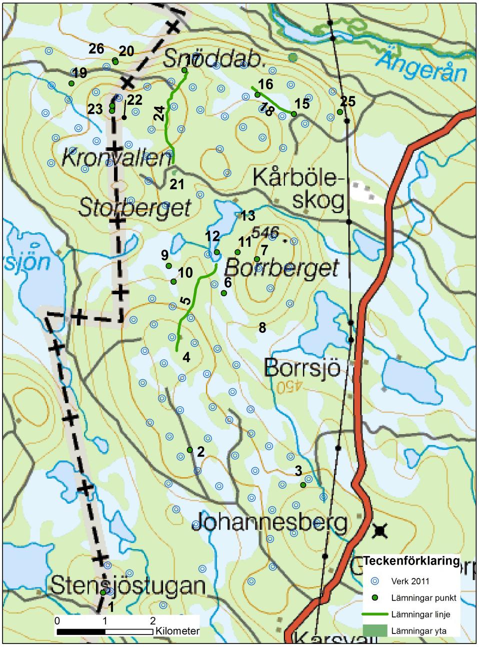 Bild 7. Översiktskarta med planerade verk enligt 2011 års layout samt registrerade lämningar vid inventeringen. Översiktskartan. Lantmäteriet.