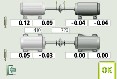 I detta exempel krymper den stationära maskinen vertikalt med 0,12 mm på bakre fötterna och 0,09 mm på främre fötterna medan den rörliga maskinen växer 0,04 mm i drifttillstånd.