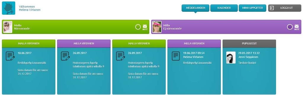 Meddelandet är riktat till ett enskilt barn, till en avdelning eller till ett daghem. Du kan inleda en ny meddelandekedja från ditt eget barn. Alla meddelanden hör till det egna barnet.