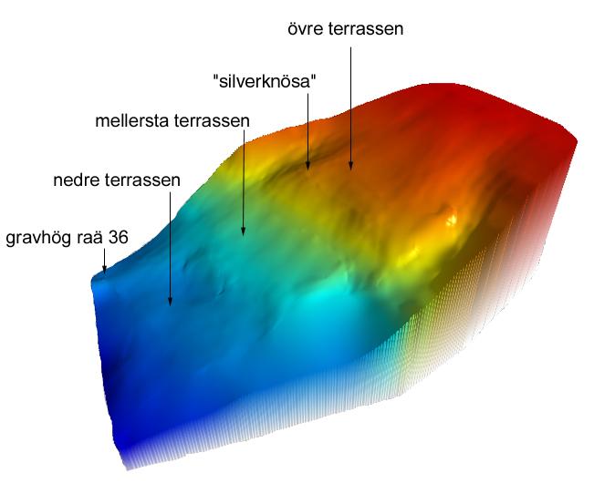 Umark 56 Fig 3. En terrängmodell som visar de tre terrasserna ner mot Indalsälven till vänster. Gravhögen syns som en liten förhöjning längst till vänster.