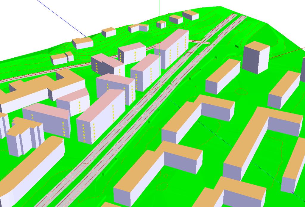 Figur 2 Exempel på 3D vy ifrån SoundPLAN. Vy från söder. Trafikmängder och andra trafikförutsättningar för Bifrostgatan, Wallinsgatan och Toltorpsgatan har lagts in i modellen.
