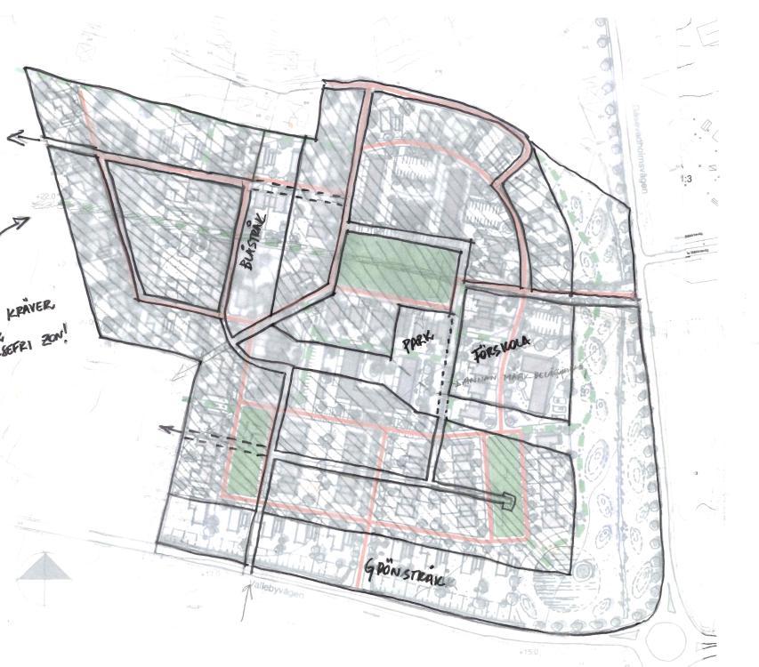 3.2 FÖRSLAGEN UTBYGGNAD AV MÅ 3:13 I FJÄRÅS Planområdet MÅ 3:13 kommer att exploateras, olika förslag finns framme, se figur 2. I planområdet kommer olika typer av bostadsformer att anläggas.