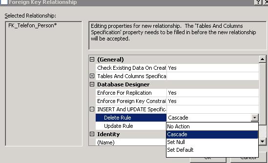 22. Välj Cascade. Du har följande möjligheter: No action innebär att du inte kan radera en post i tabellen Person utan att du först har raderat alla barnposter i tabellen Telefon.