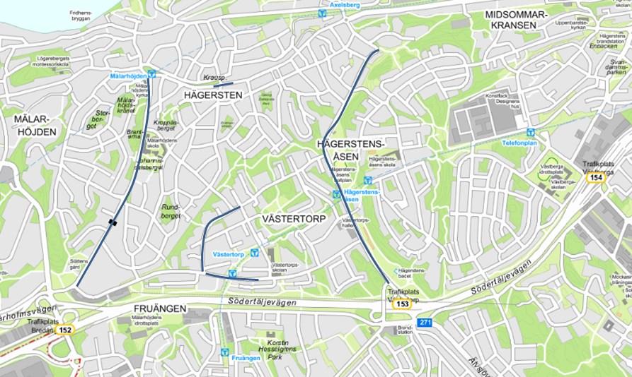 Figur 2: Utvalda sträckor i Hägersten med del av Liljeholmen Spånga-Tensta Hastigheten höjs från 30 km/h till 40 km/h Enligt principerna för nya hastighetsgränser ska gator som ingår i huvudgatunätet